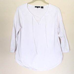 Jeanne Pierre | Lace Up Split Neck Lightweight Sweater in White